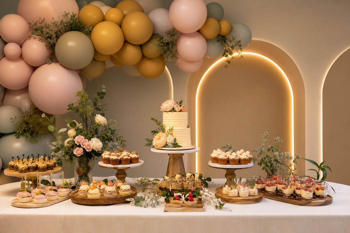 Renkli balonlar ve tatlı masasıyla butik çocuk doğum günü
